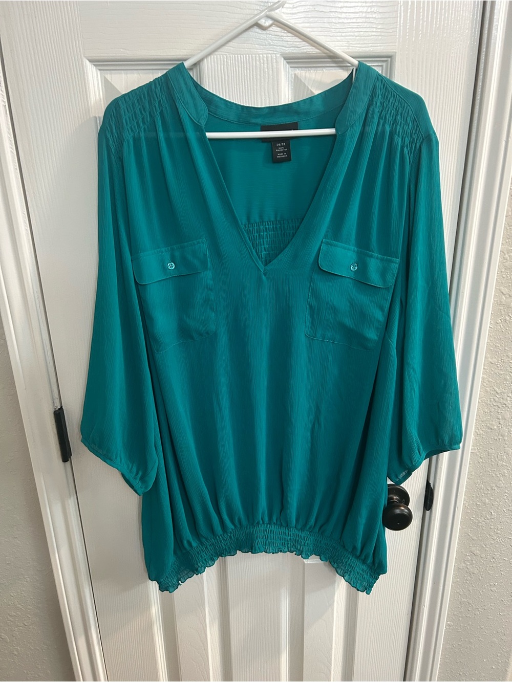 Lane Bryant Teal V-Neck Pockets Balloon Sleeve Casual Top Womans Size 26/28